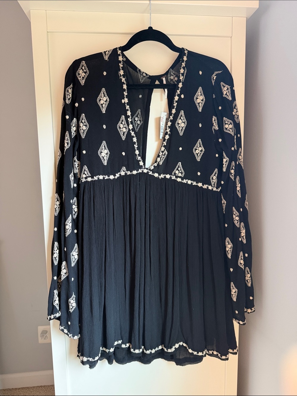 NWT Free People Black Embroidered Mini Dress